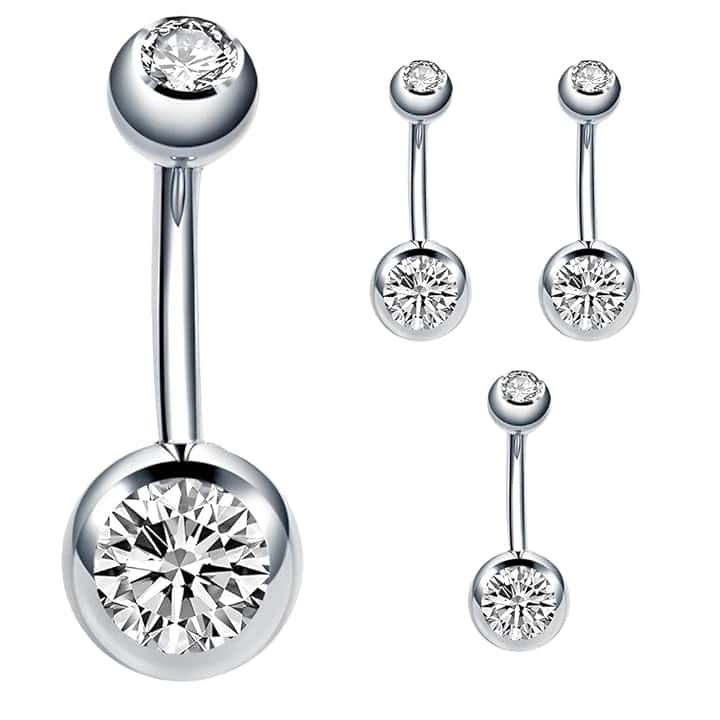 EIHI EIHI 4 pezzi Piercing Ombelico Titanio Corto Barra Lungo Cuore CZ Palline Argento Barbell Navel Bar Belly Button Rings Gioiello Donna Argento