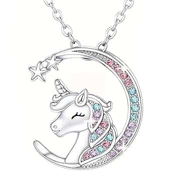 URYVAIW URYVAIW Collana unicorno argento, Ciondolo unicorno con luna e strass colorati, Collana bambina (45+5cm regolabile) per bambini e adolescenti