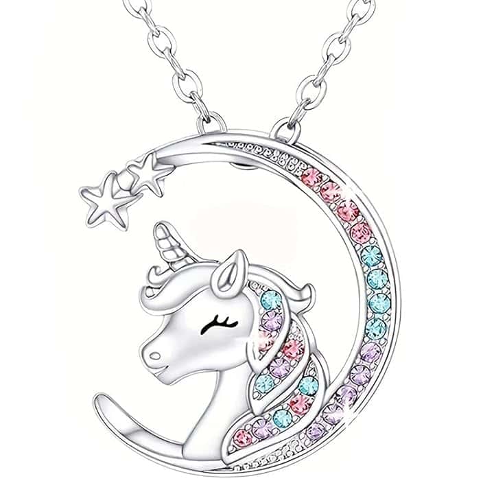 URYVAIW URYVAIW Collana unicorno argento, Ciondolo unicorno con luna e strass colorati, Collana bambina (45+5cm regolabile) per bambini e adolescenti