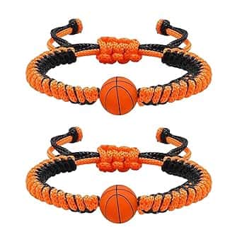 WIRZUL 2 Pezzi Braccialetto dell'amicizia, Corda nera e arancione, Ciondolo Pallacanestro in Silicone 3D, Bracciale da basket per ragazzi, Un per gli amanti del pallacanestro