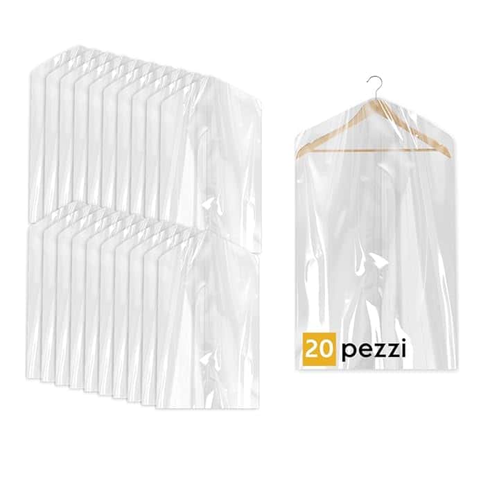 20 Custodie per Abiti 60x90cm Trasparenti - Sacchetti Vestiti Armadio Antipolvere per Tintorie, Giacche e Camicie