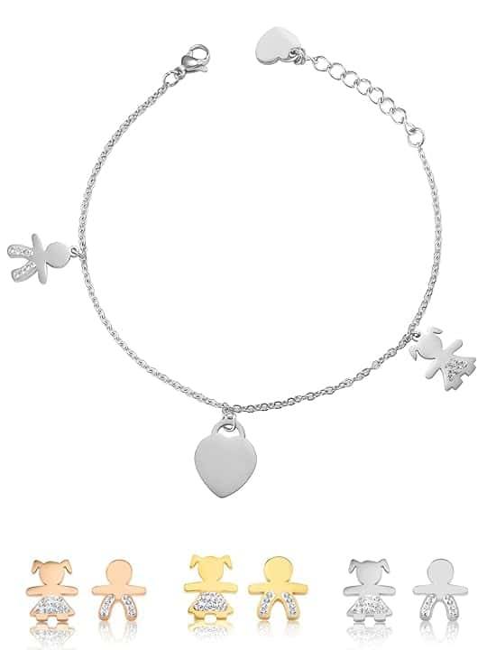 inSCINTILLE Sweet Child Bracciale Donna Acciaio con Ciondoli Bebè, Cuore, Piedini, Bracciale Mamma e Figlio, Confezione Idea Regalo Inclusa, Braccialetto Gravidanza Acciaio Inox