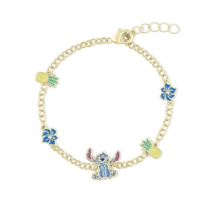 Disney Stitch Girls - Bracciale con catena regolabile placcato oro con ciondolo di piña e fiore