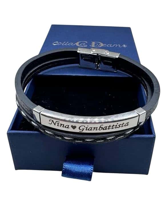 Handmade Bracciale Uomo Personalizzato con Nomi Incisi – Pelle Intrecciata e Acciaio – Idea Regalo per Lui – CollanaDream
