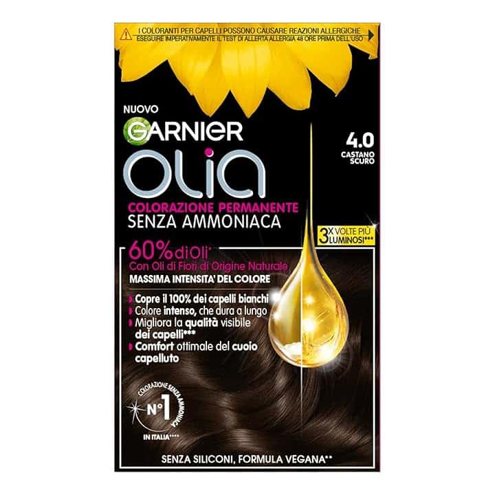 Garnier Olia Tinta Capelli, Colorazione Permanente Senza Ammoniaca, Copre il 100% dei Capelli Bianchi, Con Oli di Fiore di Origine Naturale, Formula Vegana, Castano Scuro