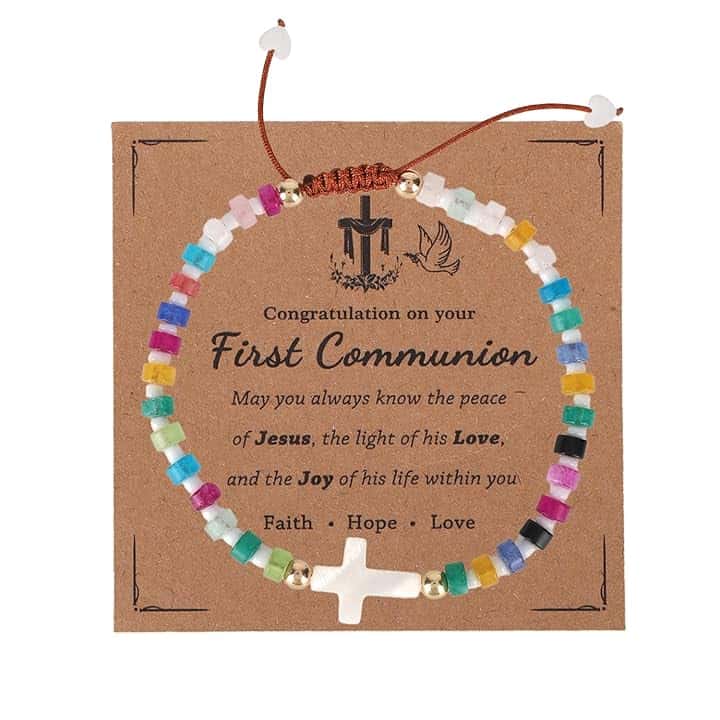 Mikovivi Bracciale per la Prima Comunione con Biglietto, Braccialetto con Croce Ispiratrice Gioielli Religiosi Regolabili per Bambine e Ragazzi Regali la Prima Comunione Battesimo Cresima