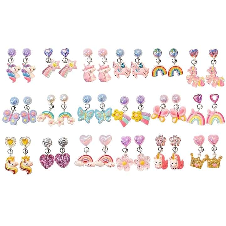 HTTDSLF 18 Paia Orecchini a Clip per Bambina, Orecchini in Resina Non Allergici, a Forma di Cuore Farfalle Fiori Unicorno Arcobaleno Farfalla, Accessori per Gioielli da Principessa per Ragazze