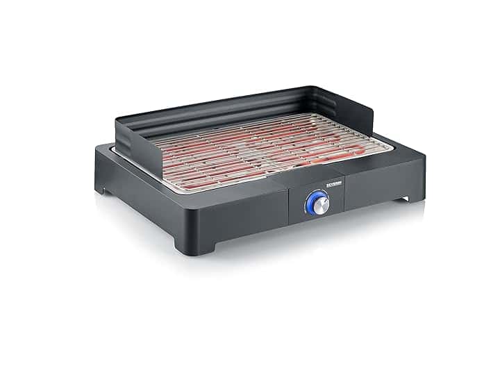 SEVERIN Barbecue Elettrico da Tavolo, 2200W, Pochi Fumi, SafeTouch, Griglia Inox, Cavo Lungo 140cm, 52,2 x 39,3 x 15,0 cm, Nero - PG 8565