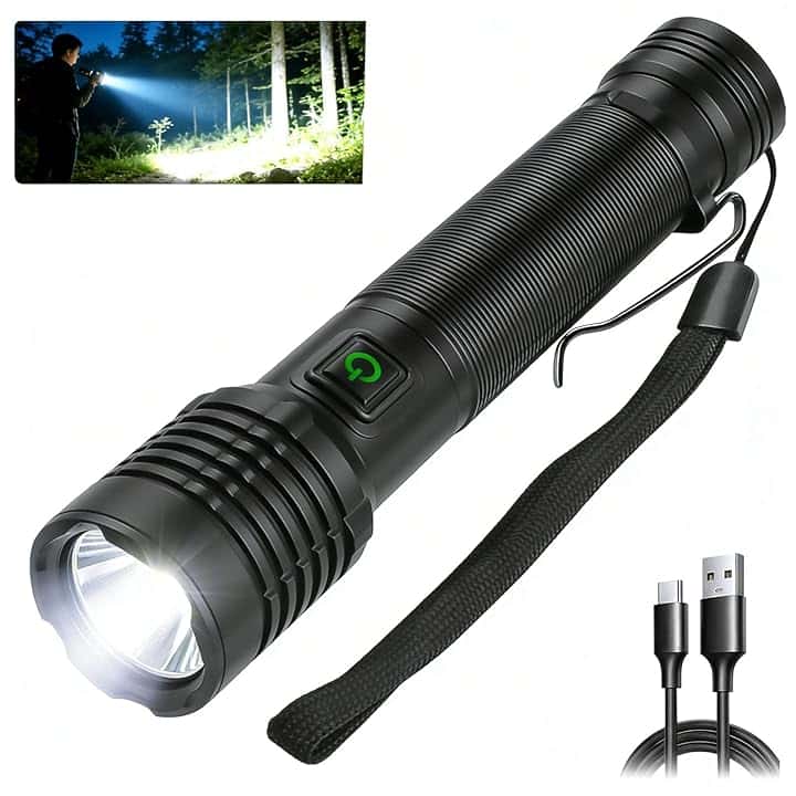 Torcia LED Professionale Ricaricabile 90000 lumen Super Luminosa,Torcia Potente 2600 mAh USB ad Alta Capacità IPX6 Impermeabile Per il Campeggio e l'escursionismo