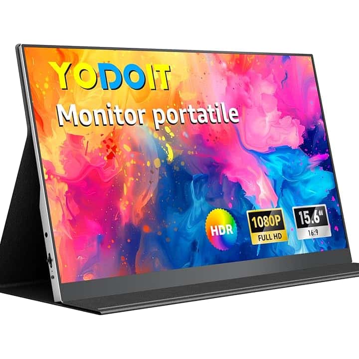 Yodoit Monitor Portatile da 15,6" con display IPS FHD 1920x1080P | Connettività USB-C e HDMI, altoparlanti integrati, con Smart Cover, per laptop, PC, Mac, PS3/4/5, Xbox Etichetta Energetica