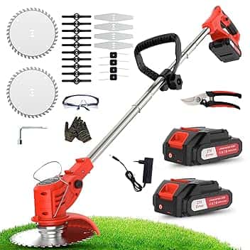 OUTIGO Decespugliatore a Batteria, Tagliaerba Elettrico a Batteria da 800 W, Taglia Erba da Giardino Elettrico con 4 Tipi di Lame,tosaerba telescopico, manico regolabile da 71 a 106 cm