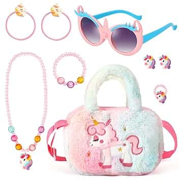 BTHRORO BTHRORO Unicorno Peluche Borsetta Gioielli Set per Bambini, Unicorn Occhiali da Sole Borsa Collana Bracciale Anello Accessori per Capelli Principessa Vestire Gioielli Forniture per Feste