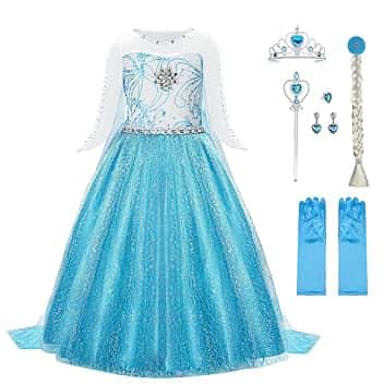 URAQT Costume di Principessa, Set da Principessa Corona Bacchetta Guanti Treccia, Costume di Cosplay Party Halloween Costumi Abito delle Ragazze di Natale Vestito Fantasia (Verde Chiaro-100-150)
