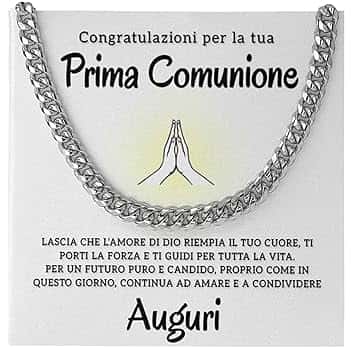 Bramart Regalo Prima Comunione Uomo Collana Cubana in Acciaio Inox Lucidato di Altissima qualità Idea Regalo per lui Cresima - Cofanetto con DEDICA incluso