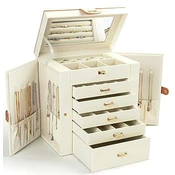 KAMIER KAMIER Scatola portaoggetti e organizer per gioielli, 4 ripiani, con specchio e cassetti, organizer per gioielli per donne e ragazze, per anelli, collane, orecchini, bracciali, grigio