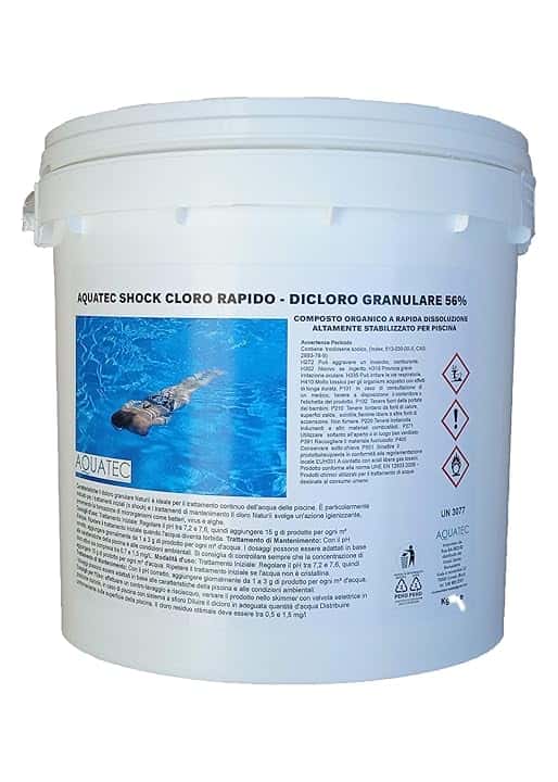 AQUATEC Cloro per piscina rapido dicloro granulare 56% a Rapida Dissoluzione per Trattamento Shock e Mantenimento Acqua di Piscina (5, Chilogrammi)