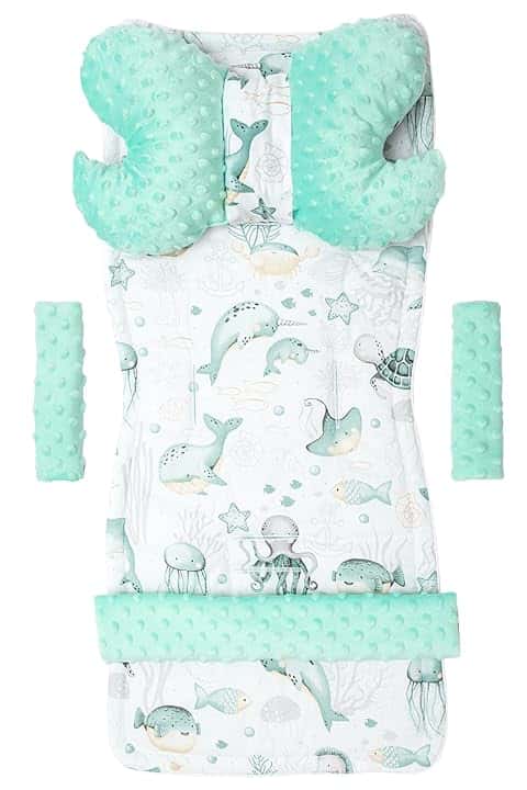 Medi Partners Riduttore Passeggino Universale Materassino Copri Neonato Cuscino - 5 elementi 78x35cm Copripasseggino Estivo per Neonati Cotone Minky (Oceano di menta Minky)