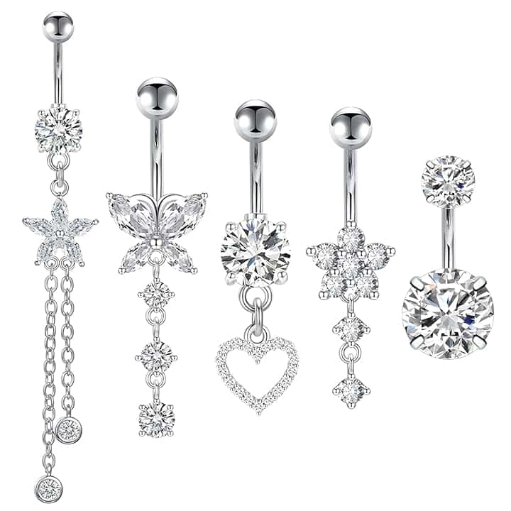 Kunaxku 5PCS Piercing Ombelico G23 Titanio Piercing Ombelico Anello 14G CZ ombelico Barra Pierce Pancia Bar Lungo Ombelico Barbell Ventre Anello Pierce Gioielli for Donna Uomo 5/8/10mm