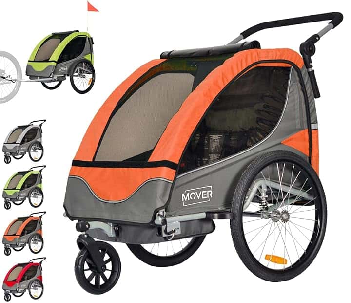 PAPILIOSHOP MOVER Rimorchio Bici per Bambini Passeggino. Anti Rovesciamento Barriera di protezione per le ruote finestre in PVC. 2 posti cintura di sicurezza a 5 punti porta oggetti sedile imbottito