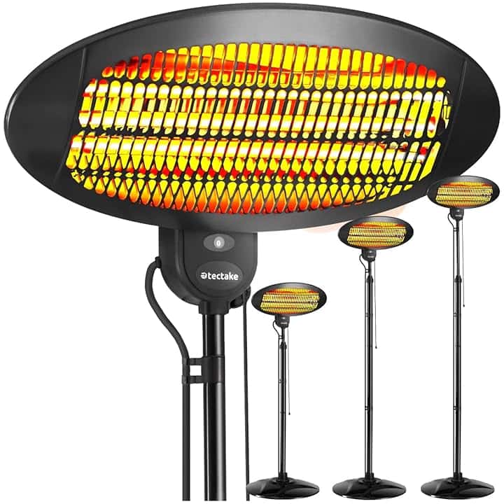 tectake® Riscaldatore a infrarossi, 2000W, Lampada Riscaldante Regolabile in Altezza, per Interni ed Esterni, Lampada Infrarossi Riscaldante, 3 Livelli di Potenza, Protezione Anti-Ribaltamento - Nero