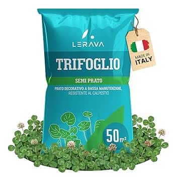 LERAVA Trifoglio Nano semi prato (50 m²) - Non richiede taglio - Semi trifoglio nano per prato verde - Migliora fertilità del suolo e copertura calpestabile - Fioritura bianca per giardini - 200g
