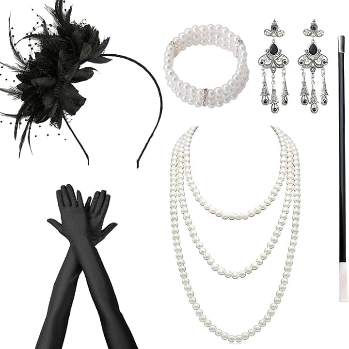 DTAOZFA Set di accessori anni 20, set di accessori anni 1920 per donne, accessori per abito anni 20, perfetto per carnevale, festa danzante con fascia, bracciale, collana, guanti, orecchini, tubo