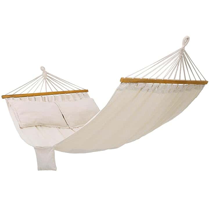 SONGMICS Amaca, Letto Dondolo da Esterno con 2 Cuscini, Barre di Legno, Capacità di Carico 300 kg, 122 x 14.5 x 14.5 cm, Beige GDC22M