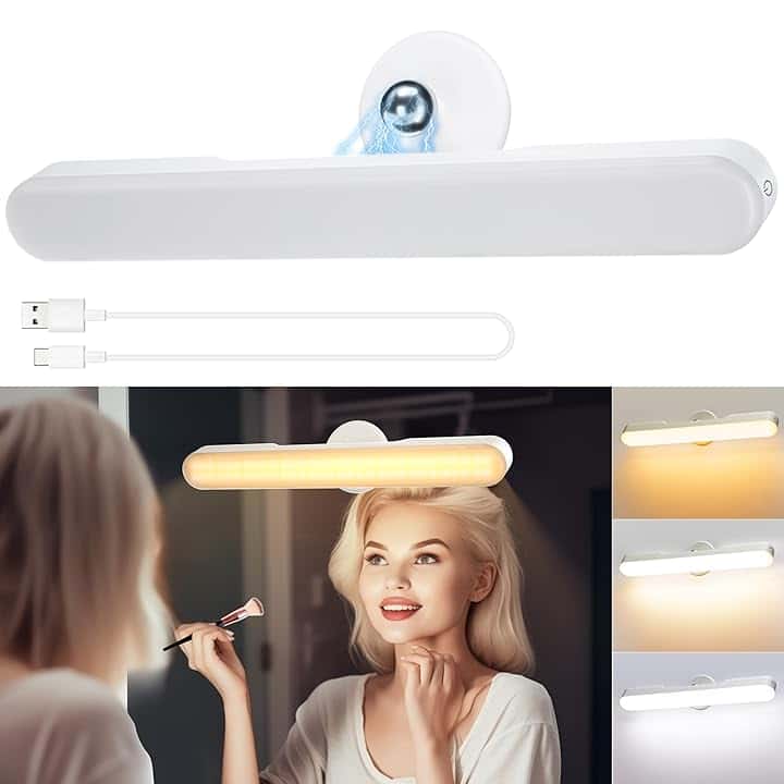 Luci Per Specchio Da Trucco Con Luci LED a 4000mAH Batteria, Dimmerabile Luci Specchio Make Up Illuminazione Senza Fili, Girevole Staccabile 360° Specchiera Trucco, Specchio Bagno Con Luce