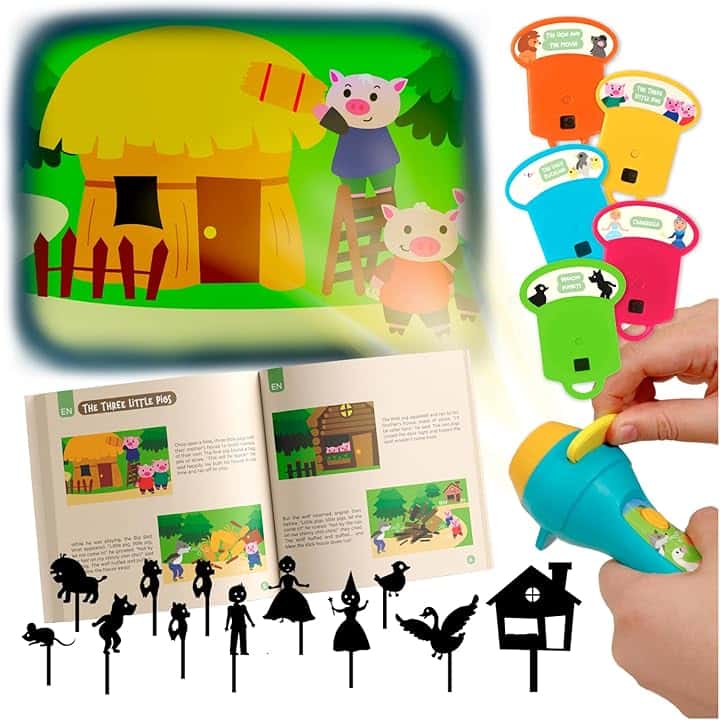 Nene Toys Libro di Fiabe con Proiettore a Torcia & Marionette delle Ombre per Bambini dai 3 Anni in su – 4 Storie Classiche in 5 Lingue, Set per la Lettura della Buonanotte