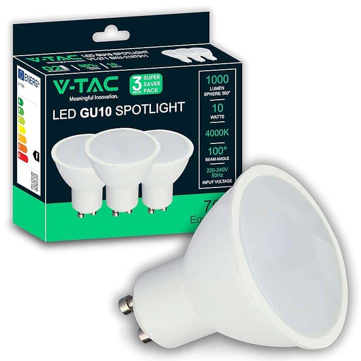 V-TAC 3x Lampadine LED GU10 - Alta Luminosità 10W (Equivalenti a 70W) - 1000 Lumen- Faretto Led GU10 per Massima Efficienza e Risparmio Energetico - 4000K Luce Naturale