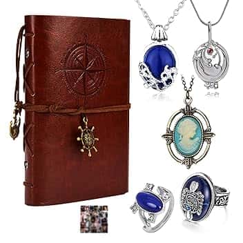 HJYZY Set di gioielli vampiro in pelle, taccuino di scrittura Elena Gilbert, medaglione collana con anello famiglia Damon, 16 pezzi, Metallo