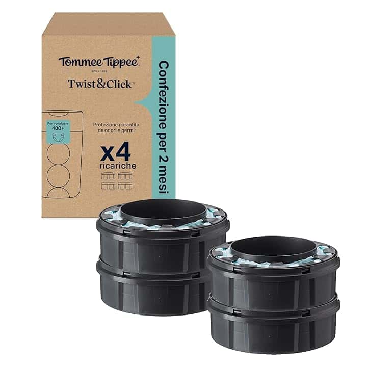 Tommee Tippee Ricariche originali per mangiapannolini Twist & Click Advanced, confezione esclusiva da 4 ricariche di 10,5 metri l’una, praticità e risparmio, 4 X 10,5 m