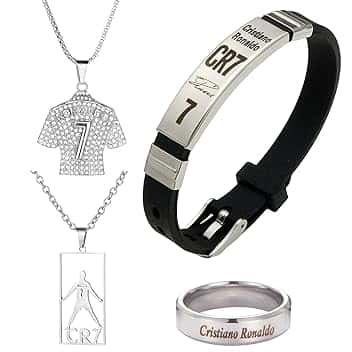 MOAZIFI C R7 Premium Collezione di giocatori quattro pezzi con bracciale regolabile, collana con ciondolo maglia e anello giocatore, regalo durevole per gli appassionati di calcio per ragazzi e