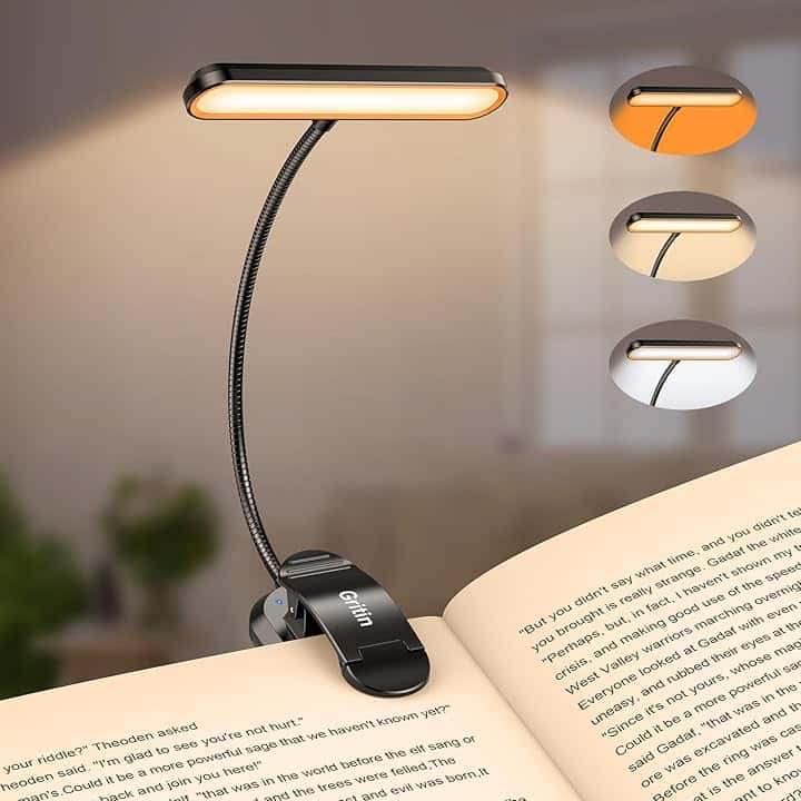 Gritin 19 LEDs Luce da Lettura per Libro, Lampada da Lettura con Clip Ricaricabile con 3 Temperature di Colore, 5 Luminosità Regolabili, 360°Flessibile Lampada Libro per Notturna
