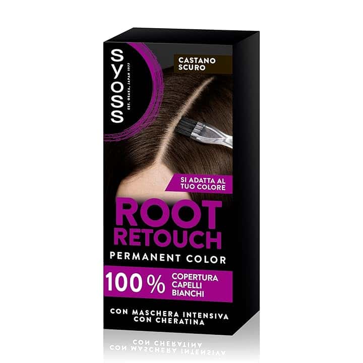 Syoss Root Retouch Ritocco permanente Castano Scuro, Colorazione permanente per 100% copertura della ricrescita capelli, Kit con crema colorante capelli e maschera intensiva con cheratina
