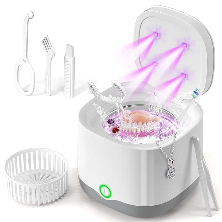 MSDUNOVR Pulitore Ultrasuoni Portatile 45000Hz con Luce UV | 24W | 200ML | Ultrasonic Cleaner per Protesi, Bite, Allineatori, Ferule Dentali e Gioielli