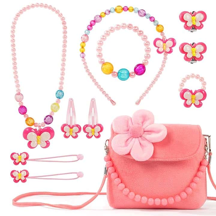 OSDUE OSDUE Girls Princess Borse, Gioielli Bambina Borsa Ragazzine, Borsa della Peluche con Collana, Peluche Borsetta Bambina con Collana Bracciale Anello e Orecchini Set,Regalo Ragazza