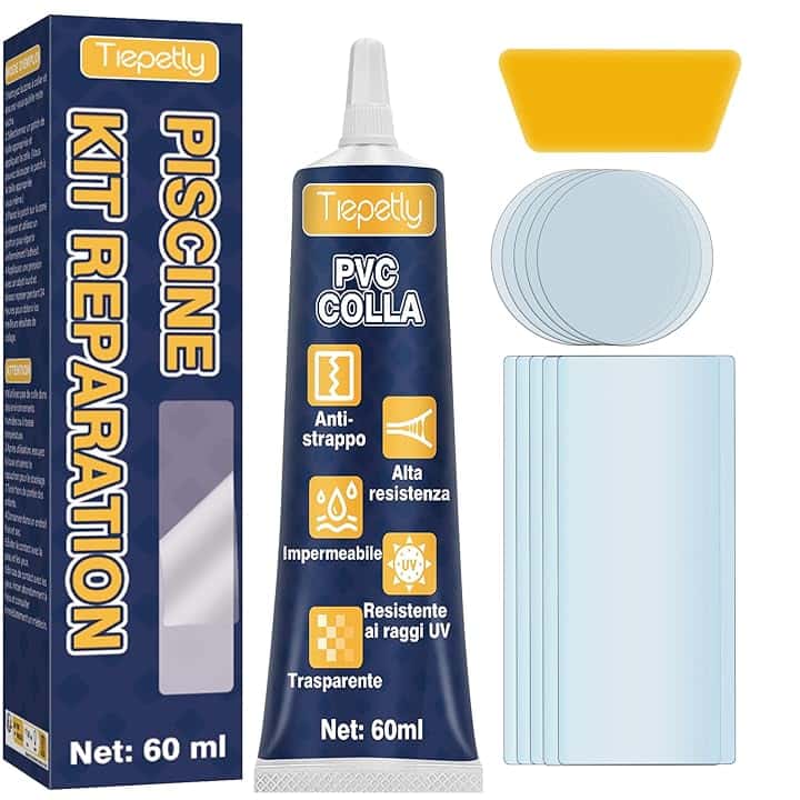 Kit Riparazione Materassino Gonfiabile con Colla PVC Alta Resistenza Impermeabile e Flessibile, Toppe Trasparenti Anti Perdite per Piscina, Gommoni, Kayak, Spa, Uso Interno Esterno, Riparazioni Rapide