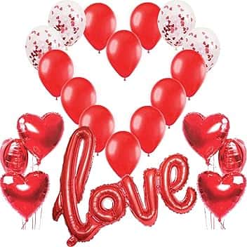 Kit Romantico, Love XXL Rosso, 6 Palloncini a Forma di Cuore Rossi, 4 Palloncini Coriandoli e 10 in Lattice, Decorazione Romantica per San Valentino, Anniversario Matrimonio e Fidanzamento