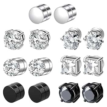 JSTHHTT 7 Paia Orecchini Magnetici 6mm per Uomo e Donna, Orecchini Magnetici Zirconi Cubici Argento Clip Non Piercing Orecchio Falso, Orecchinis Finti Uomo, Clip Auricolari Finti