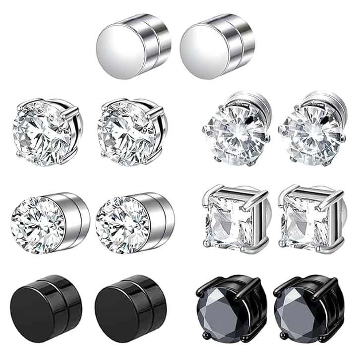 JSTHHTT 7 Paia Orecchini Magnetici 6mm per Uomo e Donna, Orecchini Magnetici Zirconi Cubici Argento Clip Non Piercing Orecchio Falso, Orecchinis Finti Uomo, Clip Auricolari Finti