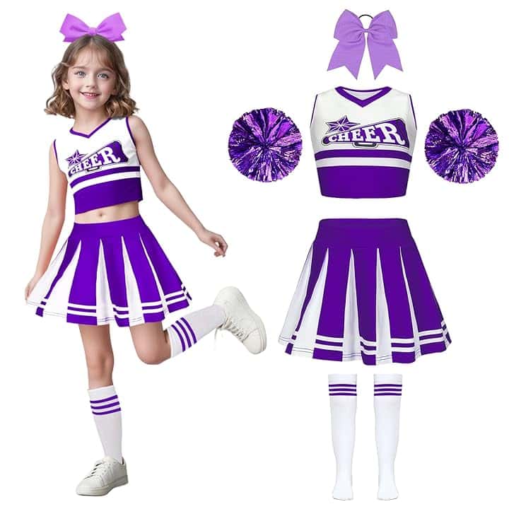 Wuzfully Costume da cheerleader per bambine con pompon e fascia per capelli Uniforme da cheerleader Carnevale Compleanno Halloween Cosplay Feste, 3-15 anni