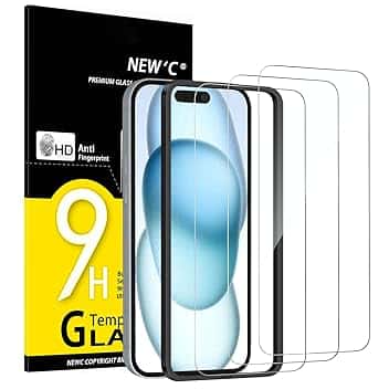 NEW'C 3 Pezzi, Vetro Temperato per iPhone 16, iPhone 15 (6,1 Pollici), Pellicola Prottetiva Anti Graffio - Ultra resistente - Trasparente HD - Strumento di installazione facile incluso Global Recycled Standard