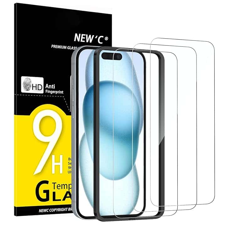 NEW'C 3 Pezzi, Vetro Temperato per iPhone 16, iPhone 15 (6,1 Pollici), Pellicola Prottetiva Anti Graffio - Ultra resistente - Trasparente HD - Strumento di installazione facile incluso Global Recycled Standard