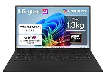 LG gram AI 15Z80T, Notebook 15.6" FHD (1920x1080), AMD Ryzen AI 7 350, 16GB RAM, 512GB SSD, Ultraleggero solo 1.3 kg, Batteria 72Wh, Windows 11 Home, Copilot, scocca in alluminio, Nero