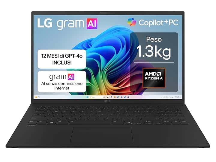 LG gram AI 15Z80T, Notebook 15.6" FHD (1920x1080), AMD Ryzen AI 7 350, 16GB RAM, 512GB SSD, Ultraleggero solo 1.3 kg, Batteria 72Wh, Windows 11 Home, Copilot, scocca in alluminio, Nero