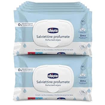 Chicco Salviette multiuso per neonati con placca senza alcool, profumate per pelli sensibili, confezione multipla da 864 salviette, 12 confezioni da 72 panni