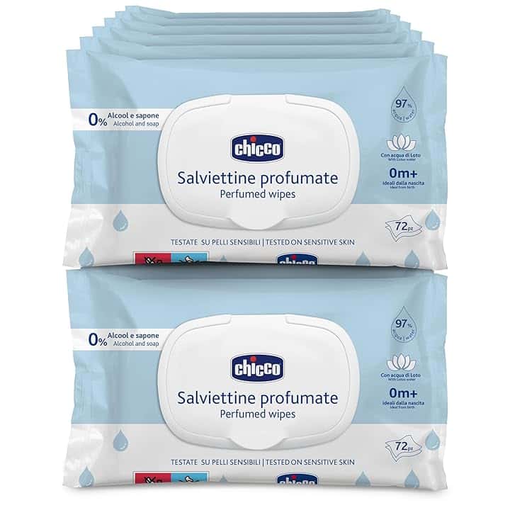 Chicco Salviette multiuso per neonati con placca senza alcool, profumate per pelli sensibili, confezione multipla da 864 salviette, 12 confezioni da 72 panni