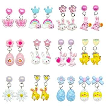 UJBVCX 12 Paia Orecchini a Clip Bambina, Orecchini Pendenti a Clip Colorati, Arcobaleno Fiori Farfalla Resina Senza Fori Orecchino, al Feste, Accessori Quotidiani per Ragazze