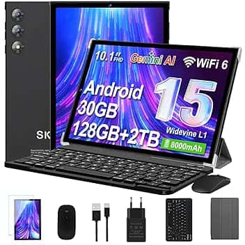 Tablet 10 Pollici Android 15 con Gemini AI, 30GB RAM 128GB ROM+2TB Esp., Octa-Core, WiFi 6 BT 5.0, Widevine L1, Batteria 8000mAh, Fotocamera 8/5 MP, Tastiera Mouse Custodia, Corpo in Metallo - Nero